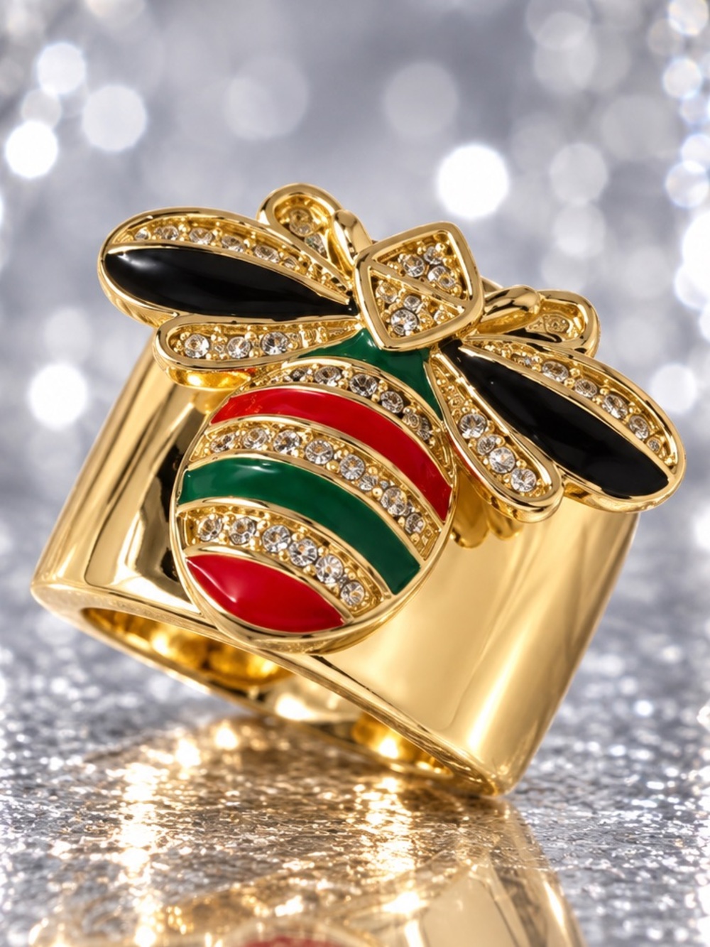 Anthropologie Gold Ring with Red and Green Enamel Bow Accent